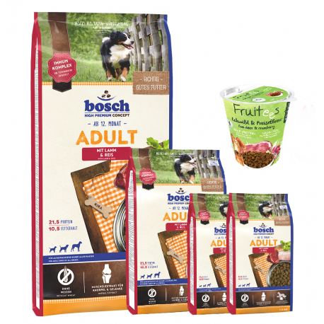 bosch ADULT ėriena ir ryžiai 15kg+5kg + Fruitees su stirniena 200g